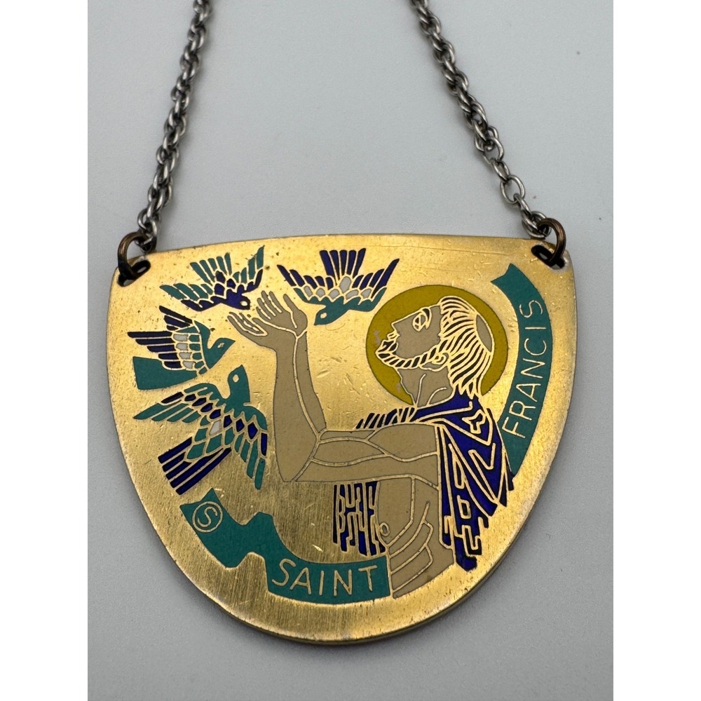 Vintage Saint Francis Necklace Enamel Birds Religious